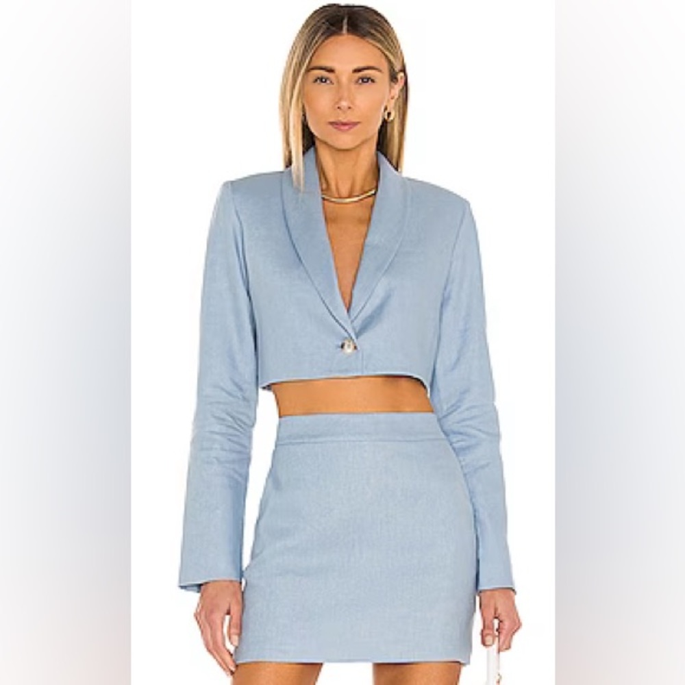 Amanda Uprichard Sky Blue Linen Crop Pembroke Blazer